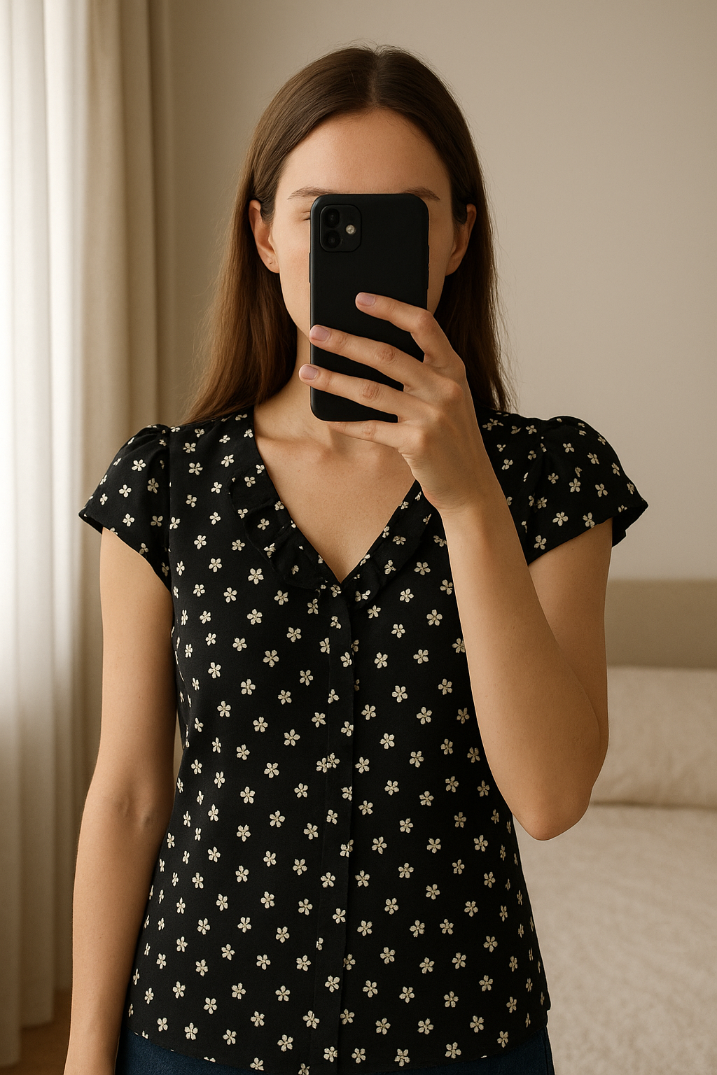 Oasis top standing straight facing the camera, in a softly lit bedroom setting, with gentle natural light filtering through a window.