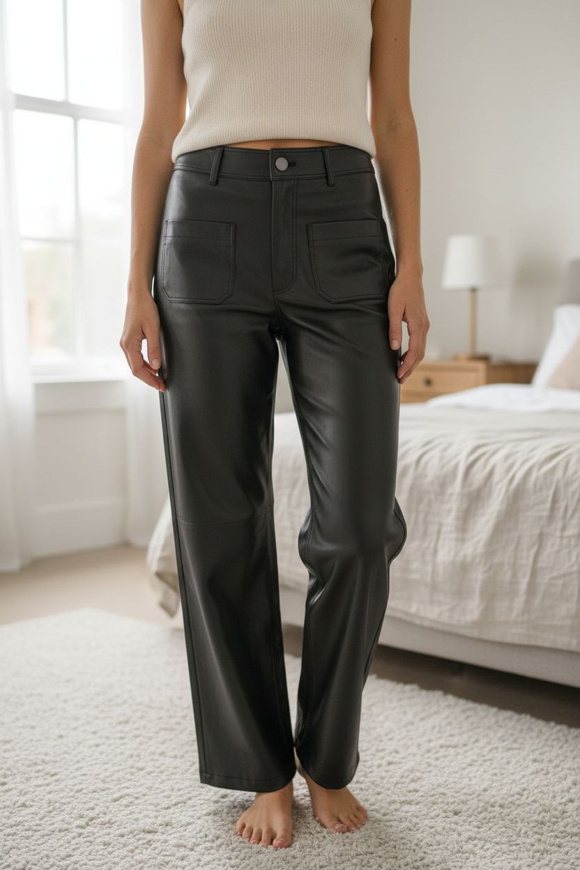 Pantalon Similicuir Zara Wide Leg taille haute S debout, face à la caméra, dans une chambre à la lumière douce, avec une lumière naturelle filtrant par la fenêtre.