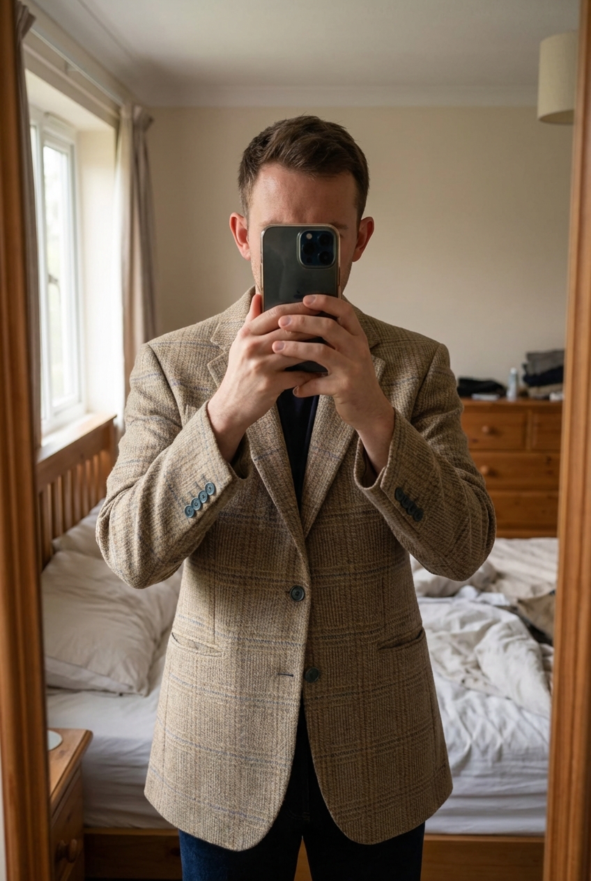 Blazer in pura lana – eleganza senza tempo Cod.3276 in piedi, rivolto verso la fotocamera, in una camera da letto con luce soffusa e luce naturale che filtra dalla finestra.