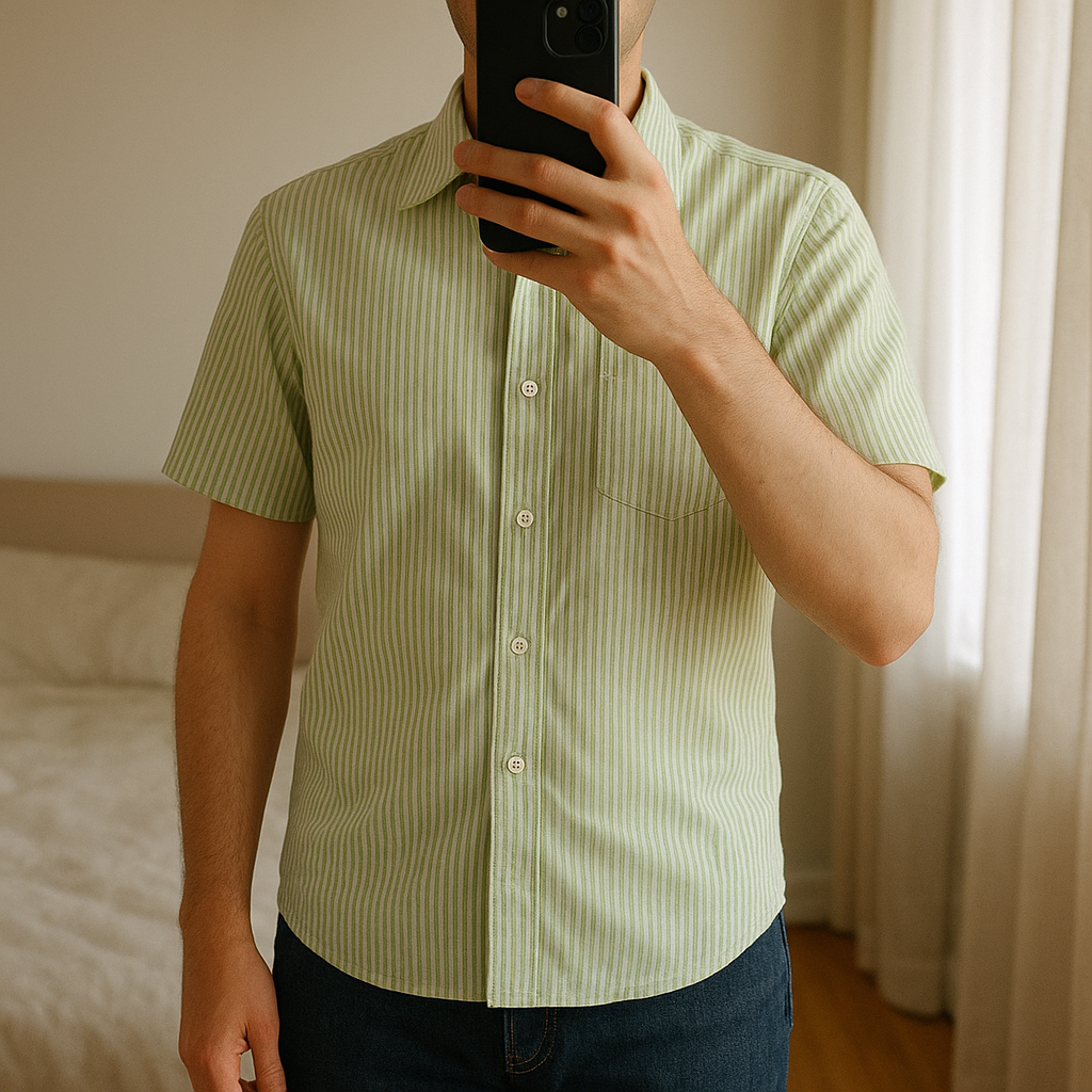 Chemise décontractée Homme Taille S debout, face à la caméra, dans une chambre à la lumière douce, avec une lumière naturelle filtrant par la fenêtre.