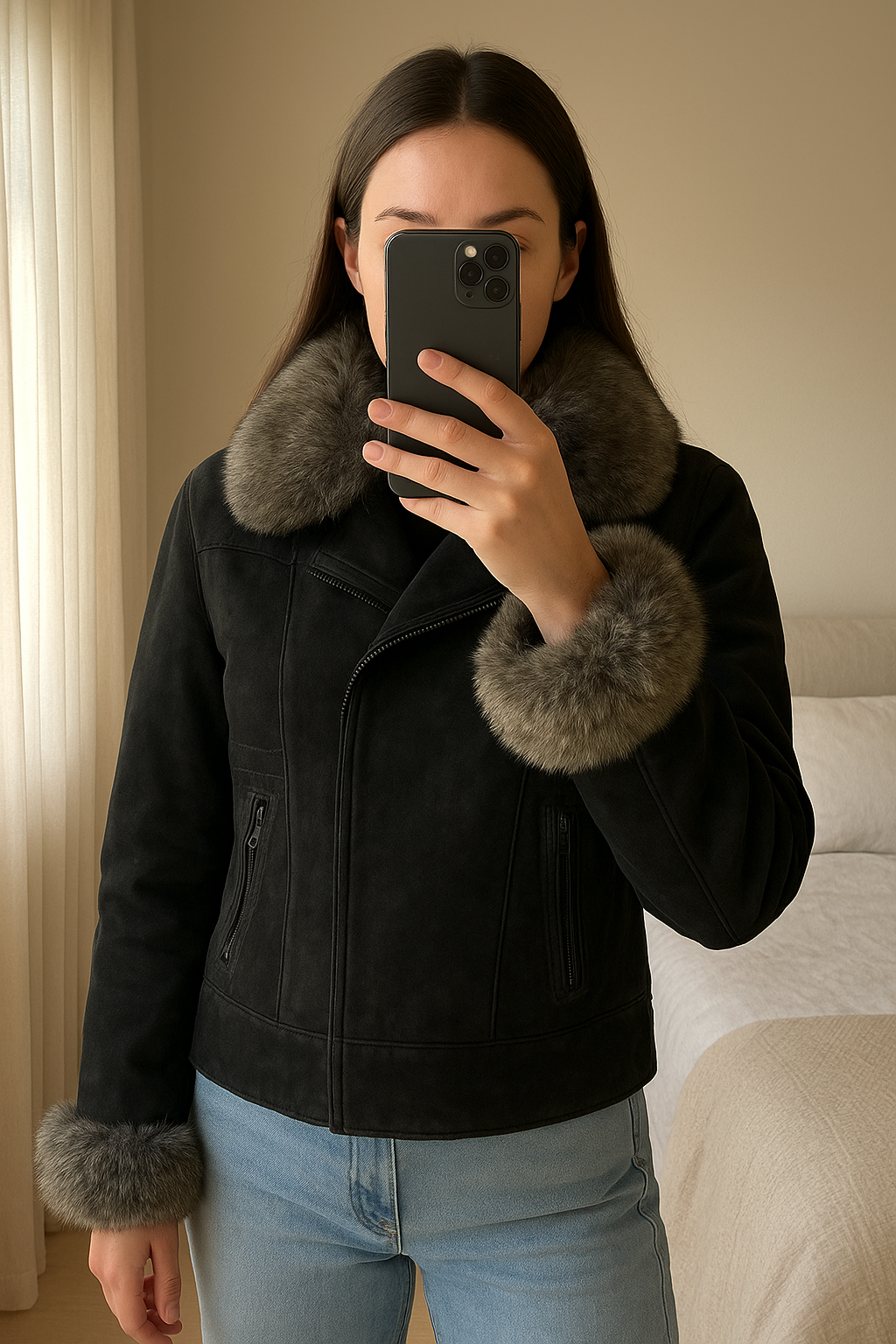 Veste aviateur vintage effet cuir et fausse fourrure debout, face à la caméra, dans une chambre à la lumière douce, avec une lumière naturelle filtrant par la fenêtre.