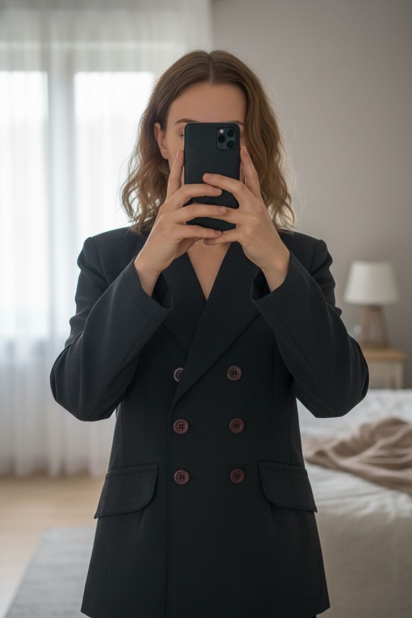 Blazer noir taille M debout, face à la caméra, dans une chambre à la lumière douce, avec une lumière naturelle filtrant par la fenêtre.