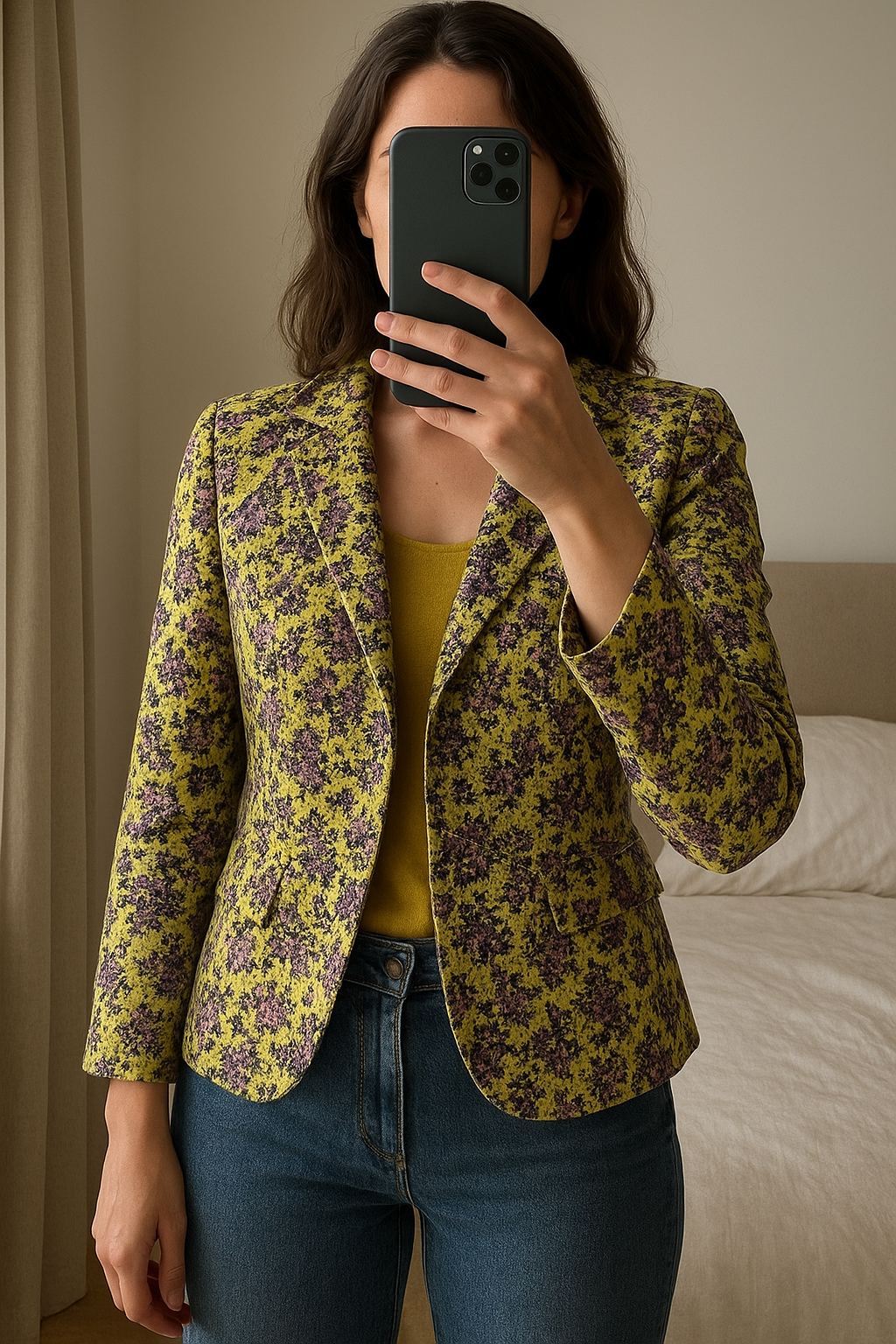 Blazer Violet con pailettes trasparenti nuovo con etichetta in piedi, rivolto verso la fotocamera, in una camera da letto con luce soffusa e luce naturale che filtra dalla finestra.