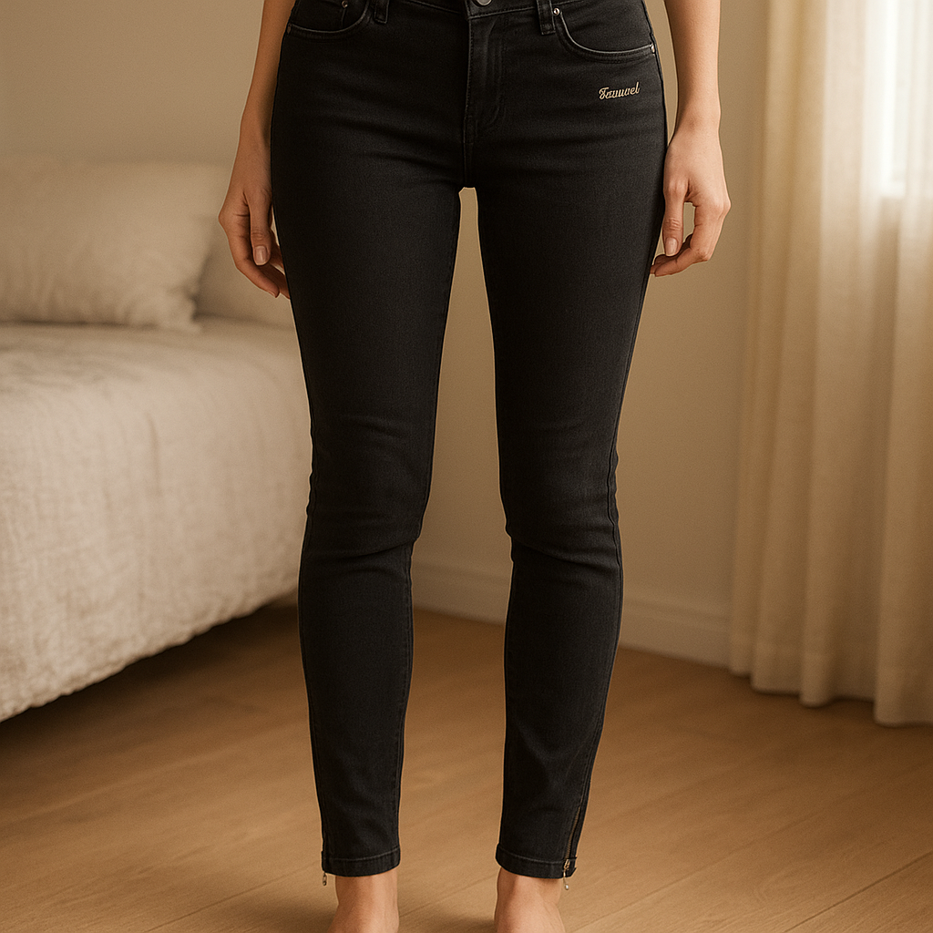 Jean Bershka skinny noir taille 36 debout, face à la caméra, dans une chambre à la lumière douce, avec une lumière naturelle filtrant par la fenêtre.