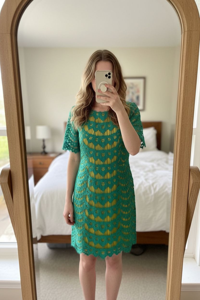 Boden Green Lace Dress UK14 Yellow Lined Occasion Party Wedding cottagecore standing straight facing the camera, in a softly lit bedroom setting, with gentle natural light filtering through a window.