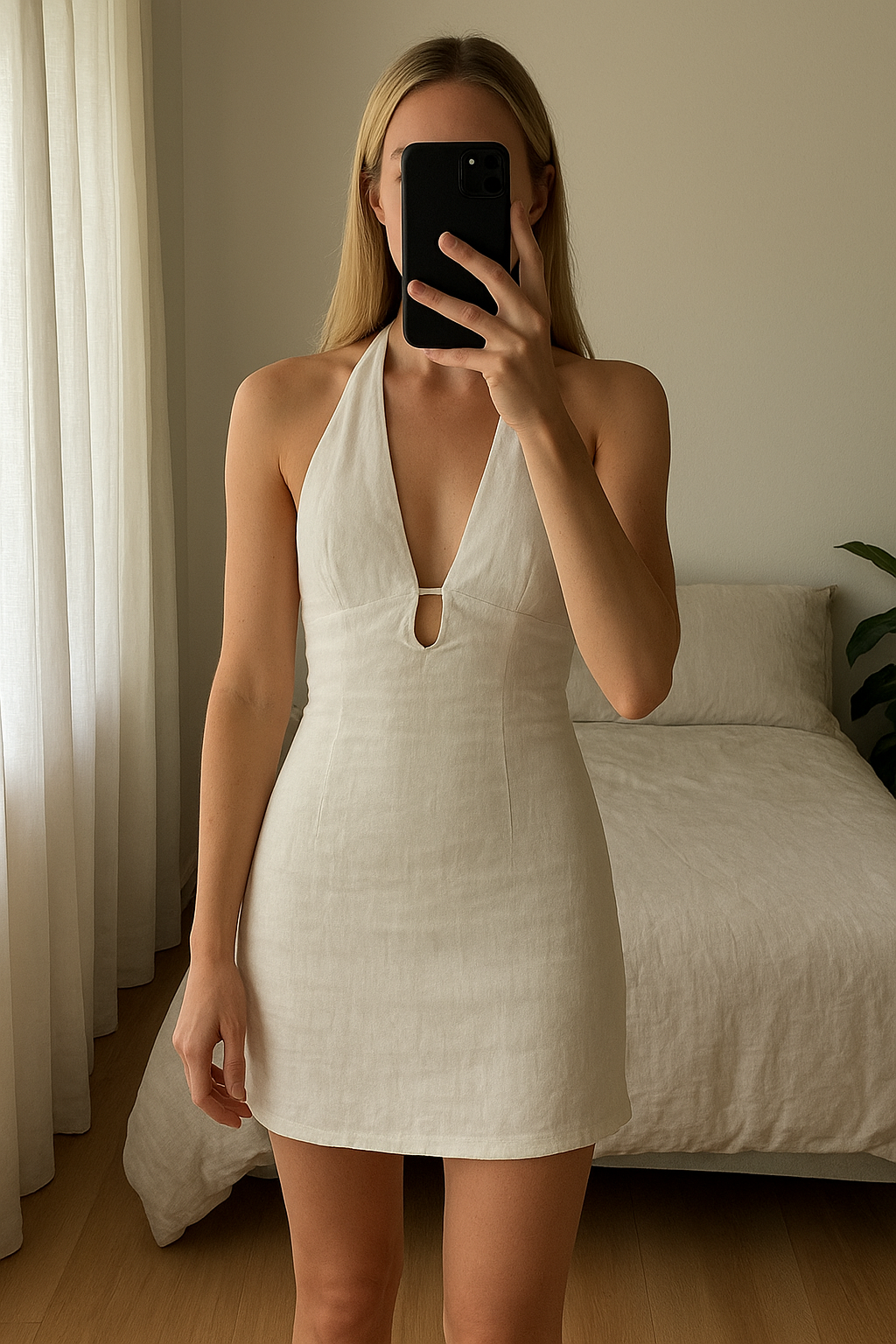 Robe blanche Bershka debout, face à la caméra, dans une chambre à la lumière douce, avec une lumière naturelle filtrant par la fenêtre.