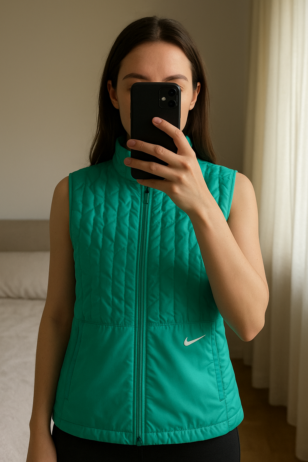 Veste Sans Manches Verte debout, face à la caméra, dans une chambre à la lumière douce, avec une lumière naturelle filtrant par la fenêtre.