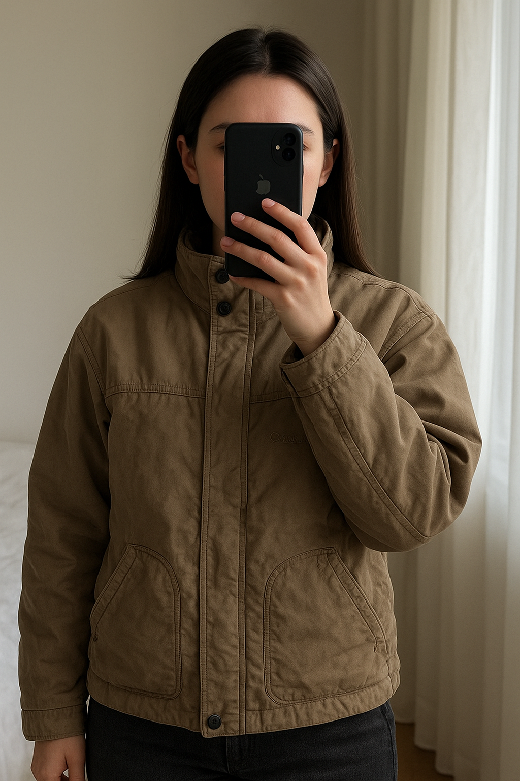 Veste femme debout, face à la caméra, dans une chambre à la lumière douce, avec une lumière naturelle filtrant par la fenêtre.