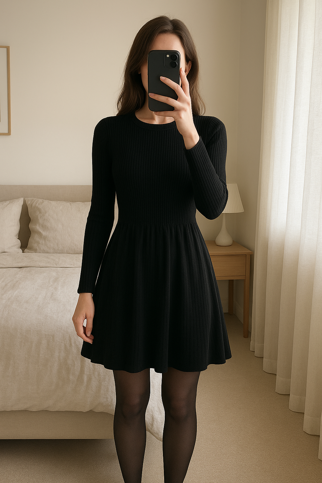 Robe d’hiver noir manche longue col rond primark taille 36 S debout, face à la caméra, dans une chambre à la lumière douce, avec une lumière naturelle filtrant par la fenêtre.