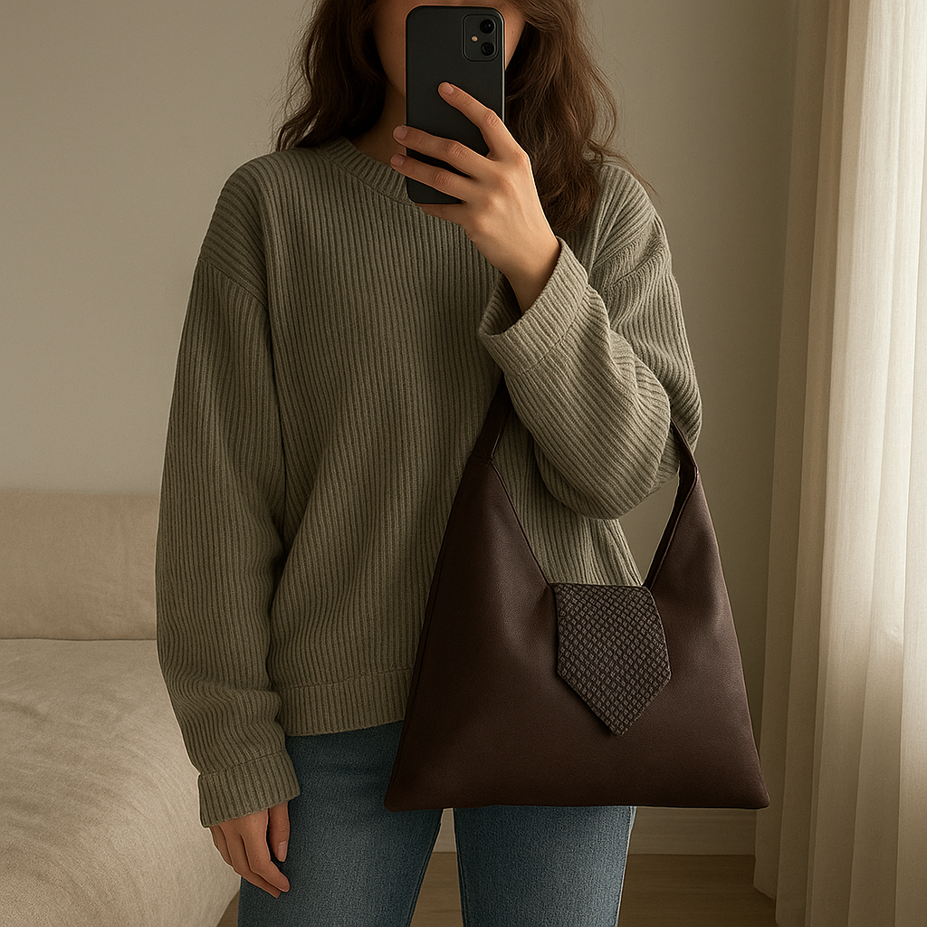 Borsa artigianale marrone in ecopelle scamosciata – Made in Italy, capiente e morbida in piedi, rivolto verso la fotocamera, in una camera da letto con luce soffusa e luce naturale che filtra dalla finestra.