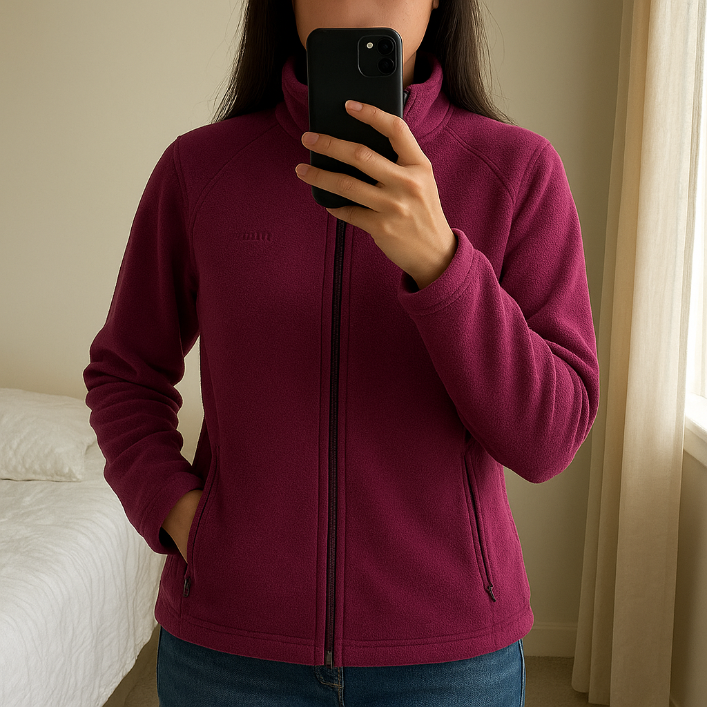 Veste polaire Columbia Violet M debout, face à la caméra, dans une chambre à la lumière douce, avec une lumière naturelle filtrant par la fenêtre.