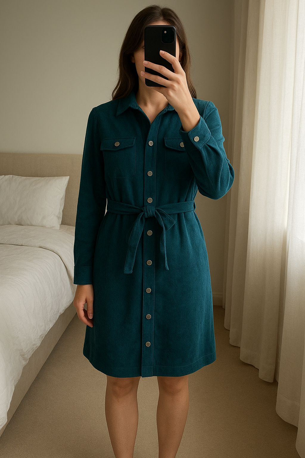 Vestido azul pana fina con cinturón de pie, mirando a la cámara, en un dormitorio con luz suave y natural filtrándose por la ventana.