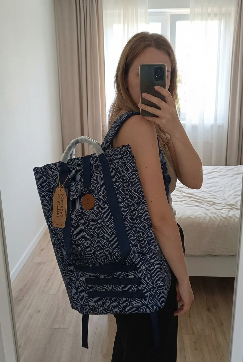 Sac à dos cabaia debout, face à la caméra, dans une chambre à la lumière douce, avec une lumière naturelle filtrant par la fenêtre.