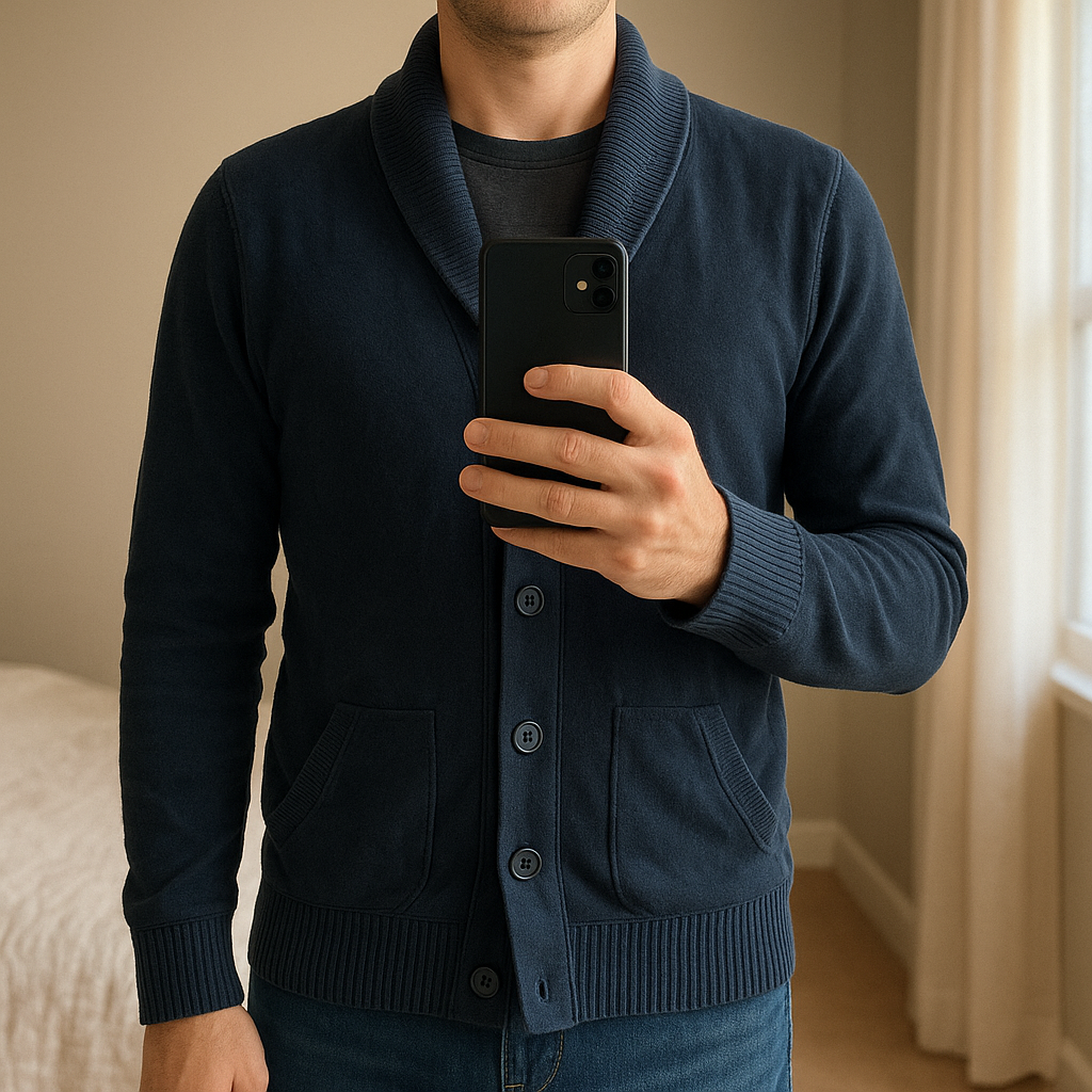 Cardigan homme debout, face à la caméra, dans une chambre à la lumière douce, avec une lumière naturelle filtrant par la fenêtre.