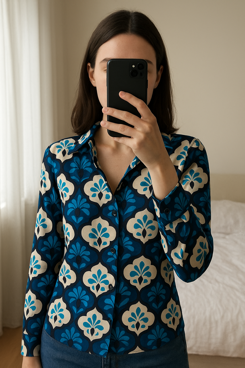 Chemise motif bleu Zara debout, face à la caméra, dans une chambre à la lumière douce, avec une lumière naturelle filtrant par la fenêtre.
