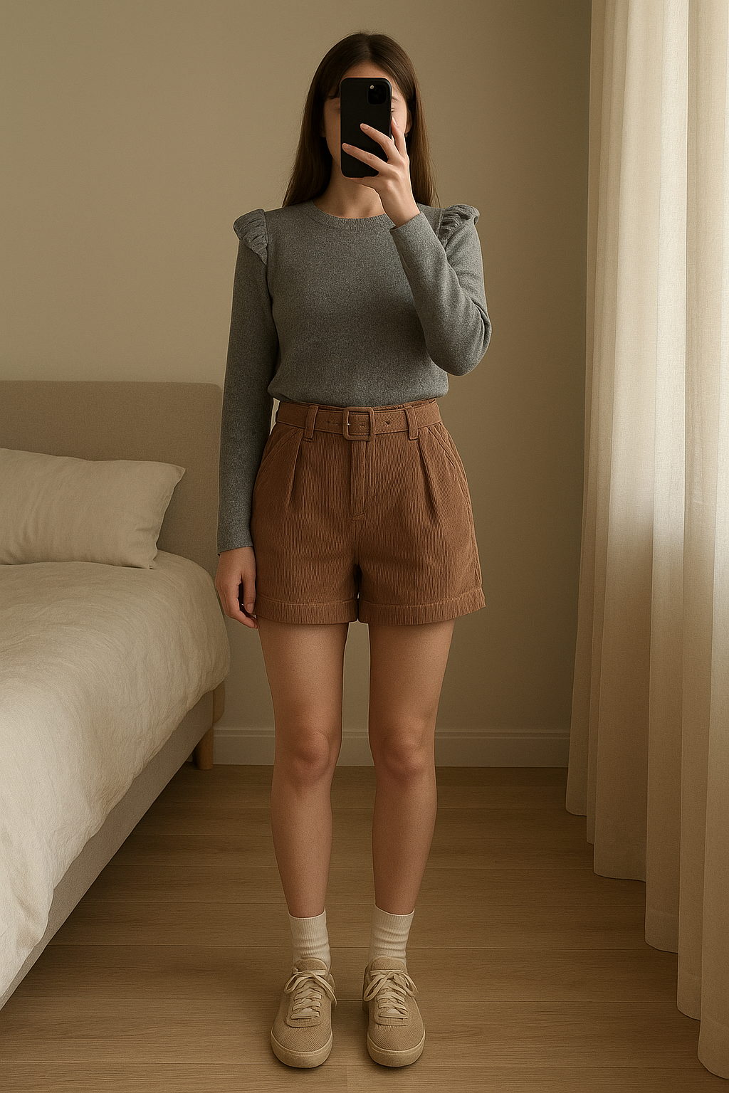 Ensemble Zara debout, face à la caméra, dans une chambre à la lumière douce, avec une lumière naturelle filtrant par la fenêtre.