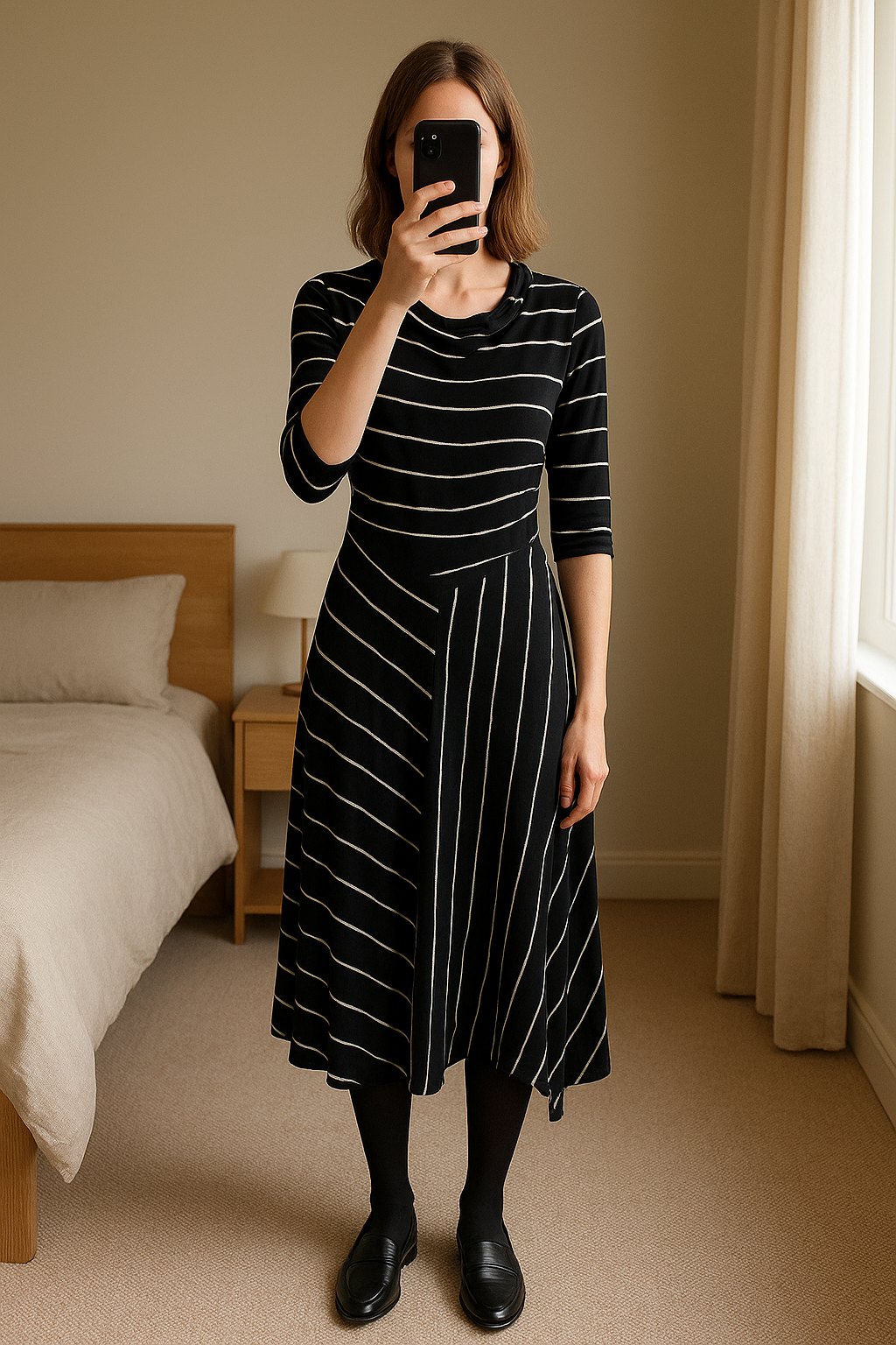 Next Black & White Striped Asymmetrical Dress – UK 16 standing straight facing the camera, in a softly lit bedroom setting, with gentle natural light filtering through a window.