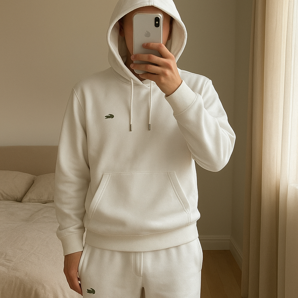 Sweat à capuche Lacoste blanc neuf, taille L, 100% coton, unisexe debout, face à la caméra, dans une chambre à la lumière douce, avec une lumière naturelle filtrant par la fenêtre.