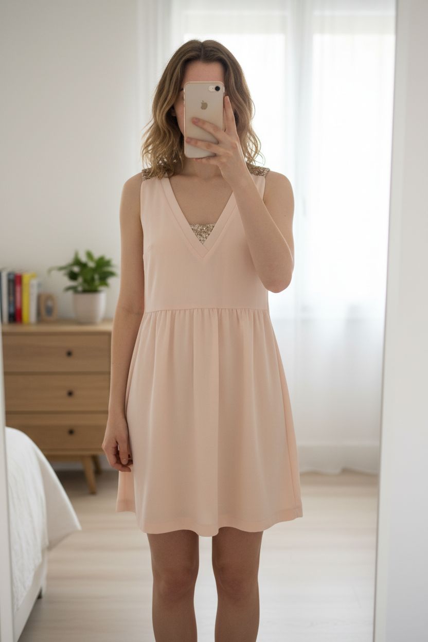 Robe sand cop copine debout, face à la caméra, dans une chambre à la lumière douce, avec une lumière naturelle filtrant par la fenêtre.