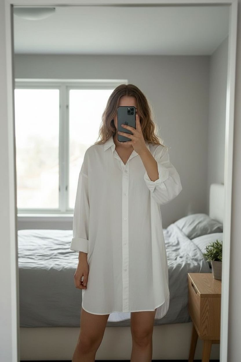 Robe chemisier Mikuta taille M debout, face à la caméra, dans une chambre à la lumière douce, avec une lumière naturelle filtrant par la fenêtre.