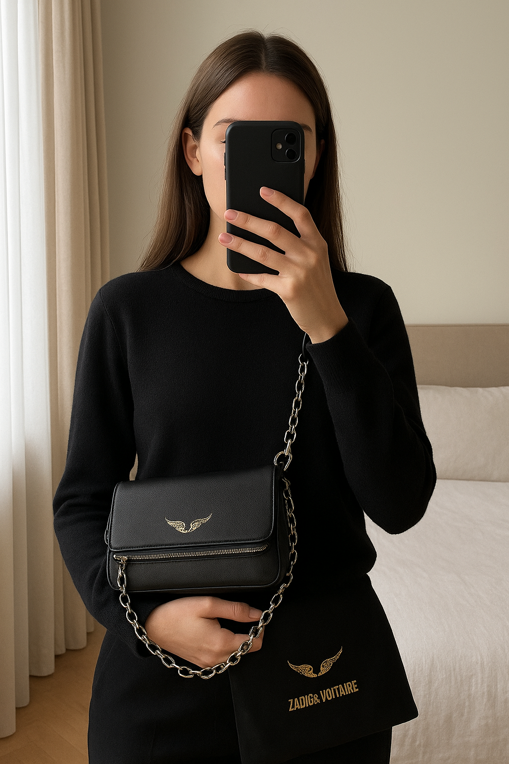 Sac Zadig & Voltaire debout, face à la caméra, dans une chambre à la lumière douce, avec une lumière naturelle filtrant par la fenêtre.