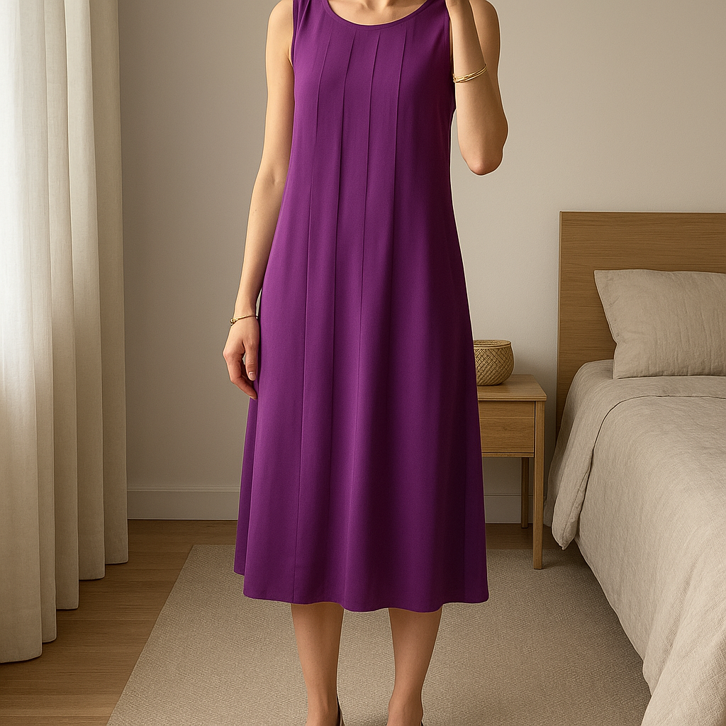 Robe cocktail mi longue Mauve Zara Basic debout, face à la caméra, dans une chambre à la lumière douce, avec une lumière naturelle filtrant par la fenêtre.