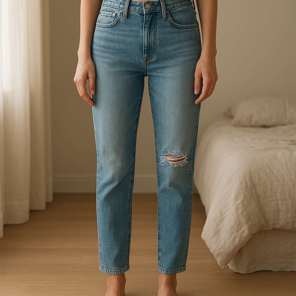 Jeans slim destroy- taille 36/S - Stradivarius debout, face à la caméra, dans une chambre à la lumière douce, avec une lumière naturelle filtrant par la fenêtre.