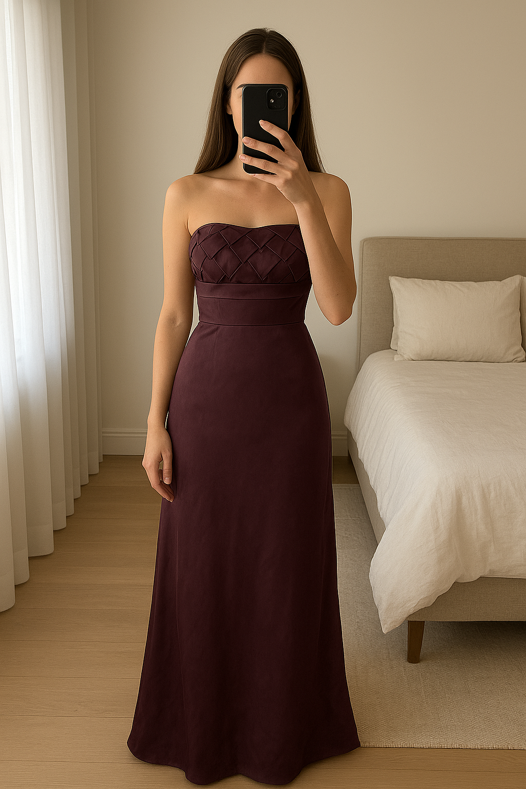 Next Burgundy lined beautiful satin style dress with platted detail size 16 standing straight facing the camera, in a softly lit bedroom setting, with gentle natural light filtering through a window.