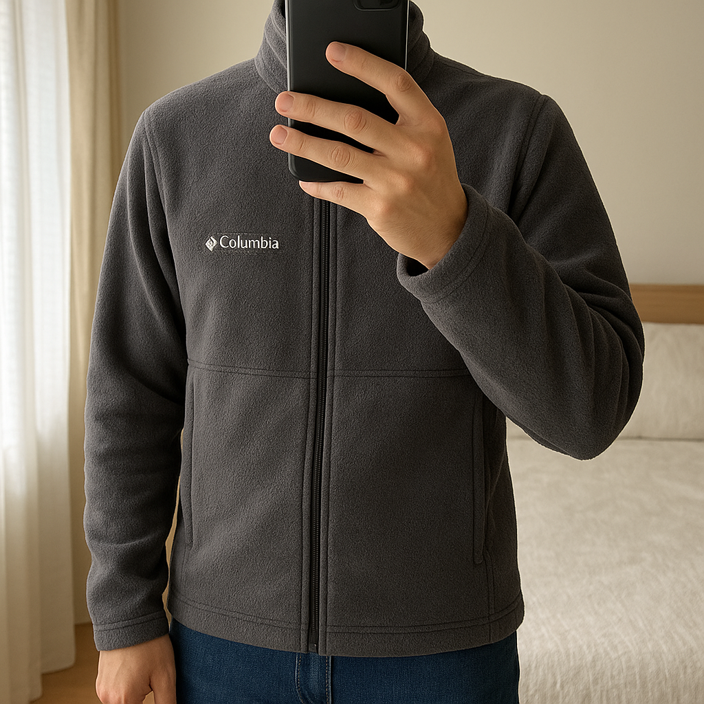 Veste polaire Columbia Sportswear Company debout, face à la caméra, dans une chambre à la lumière douce, avec une lumière naturelle filtrant par la fenêtre.