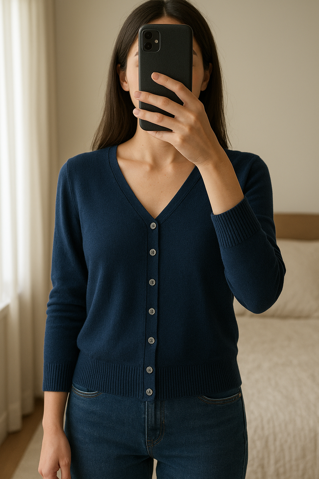 Cardigan Primark T36 debout, face à la caméra, dans une chambre à la lumière douce, avec une lumière naturelle filtrant par la fenêtre.