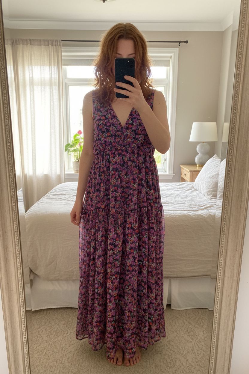 Robe longue fleurie debout, face à la caméra, dans une chambre à la lumière douce, avec une lumière naturelle filtrant par la fenêtre.