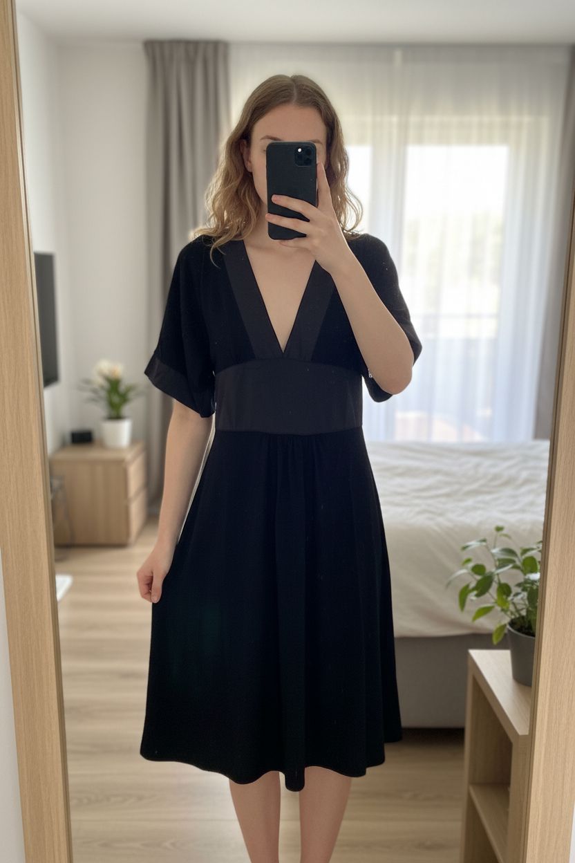 Robe/tunique noire H&M taille 40 debout, face à la caméra, dans une chambre à la lumière douce, avec une lumière naturelle filtrant par la fenêtre.