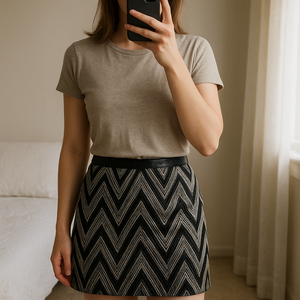 Great Quality Silver/Black Skirt standing straight facing the camera, in a softly lit bedroom setting, with gentle natural light filtering through a window.