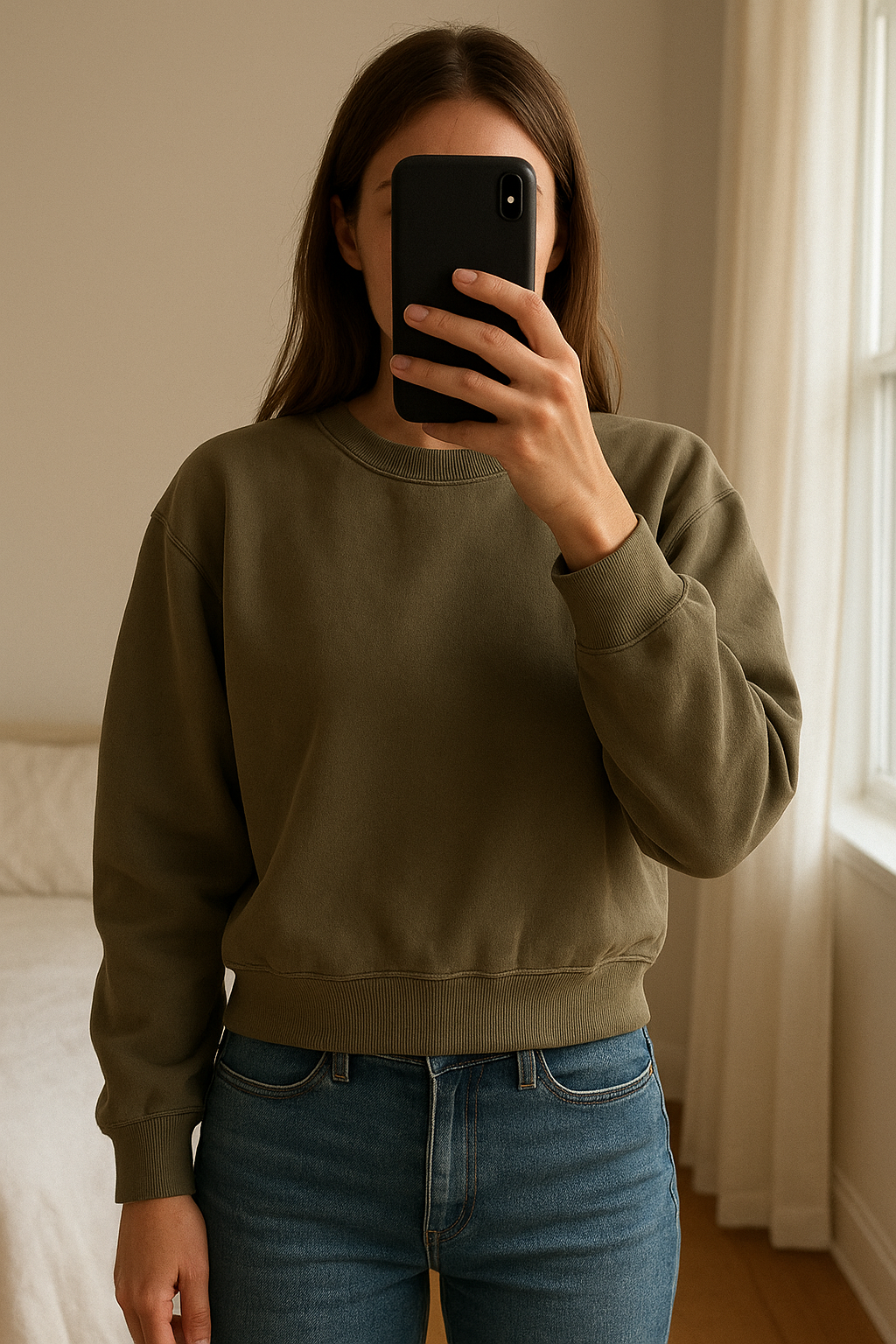 Pull sweat Crop top haut manche longue beige marron clair H&M divided taille 36 S debout, face à la caméra, dans une chambre à la lumière douce, avec une lumière naturelle filtrant par la fenêtre.