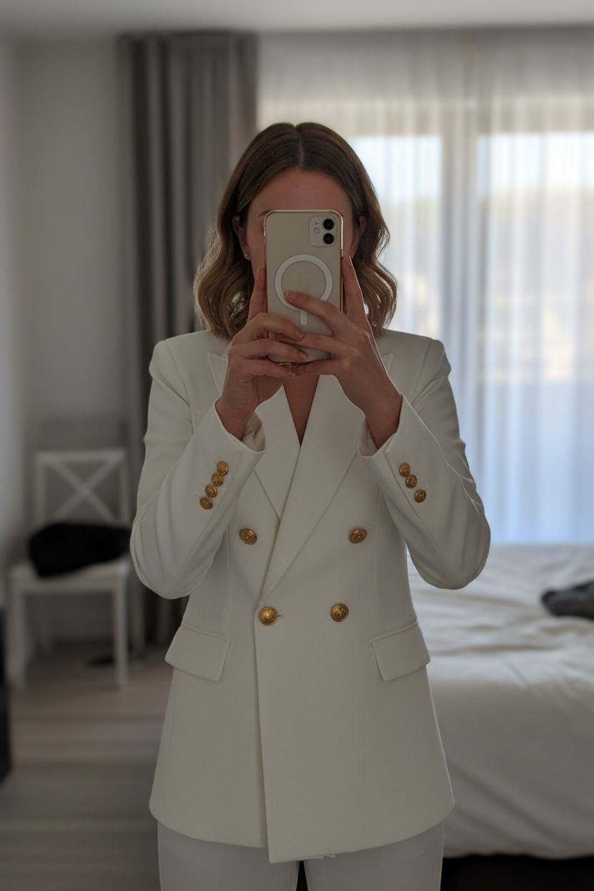 Zara white double breasted blazer standing straight facing the camera, in a softly lit bedroom setting, with gentle natural light filtering through a window.