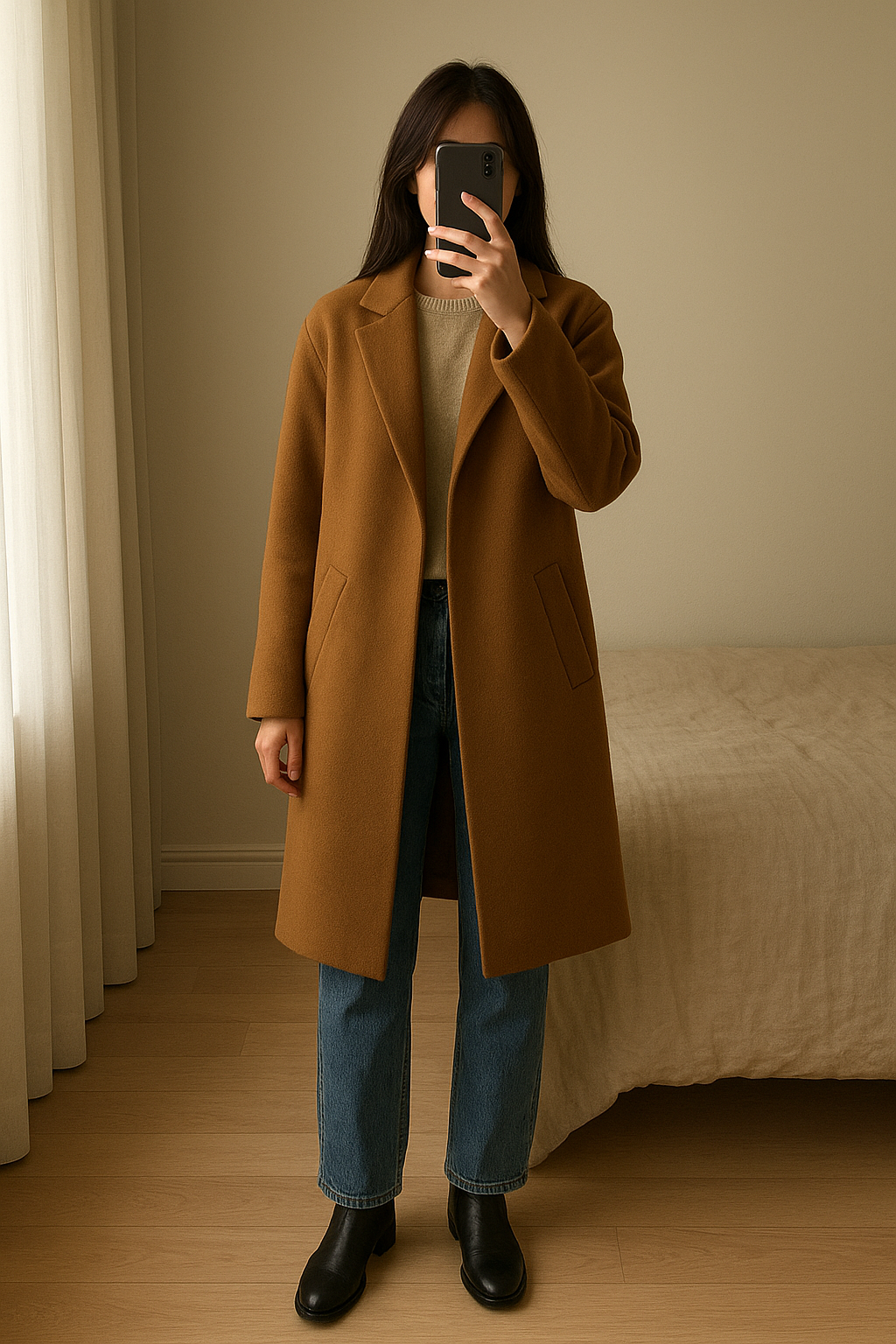 Manteau marron debout, face à la caméra, dans une chambre à la lumière douce, avec une lumière naturelle filtrant par la fenêtre.