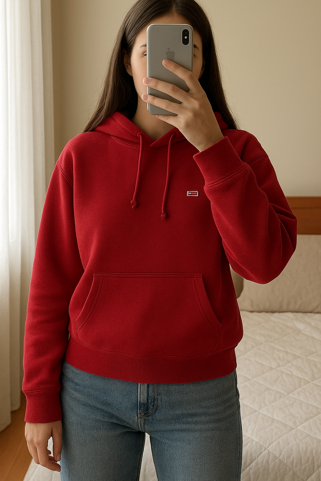 Sweat Tommy jeans debout, face à la caméra, dans une chambre à la lumière douce, avec une lumière naturelle filtrant par la fenêtre.