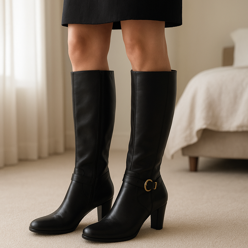 👢 Bottes neuves Peter Kaiser cuir noir luxe T38,5 old money quiet luxury Y2K debout, face à la caméra, dans une chambre à la lumière douce, avec une lumière naturelle filtrant par la fenêtre.