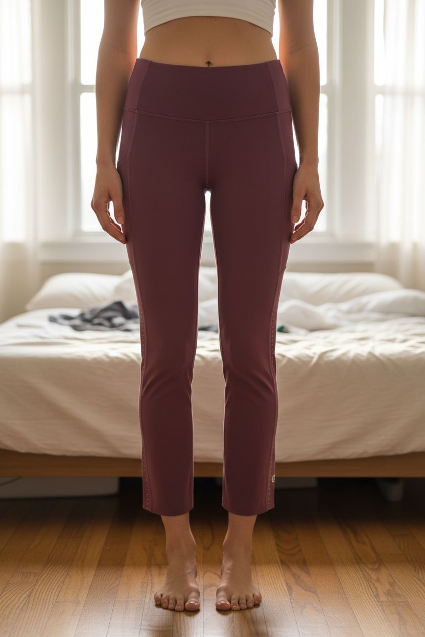 Lululemon Pink Yoga Leggings High Waist Gym Running Workout size S running yoga standing straight facing the camera, in a softly lit bedroom setting, with gentle natural light filtering through a window.