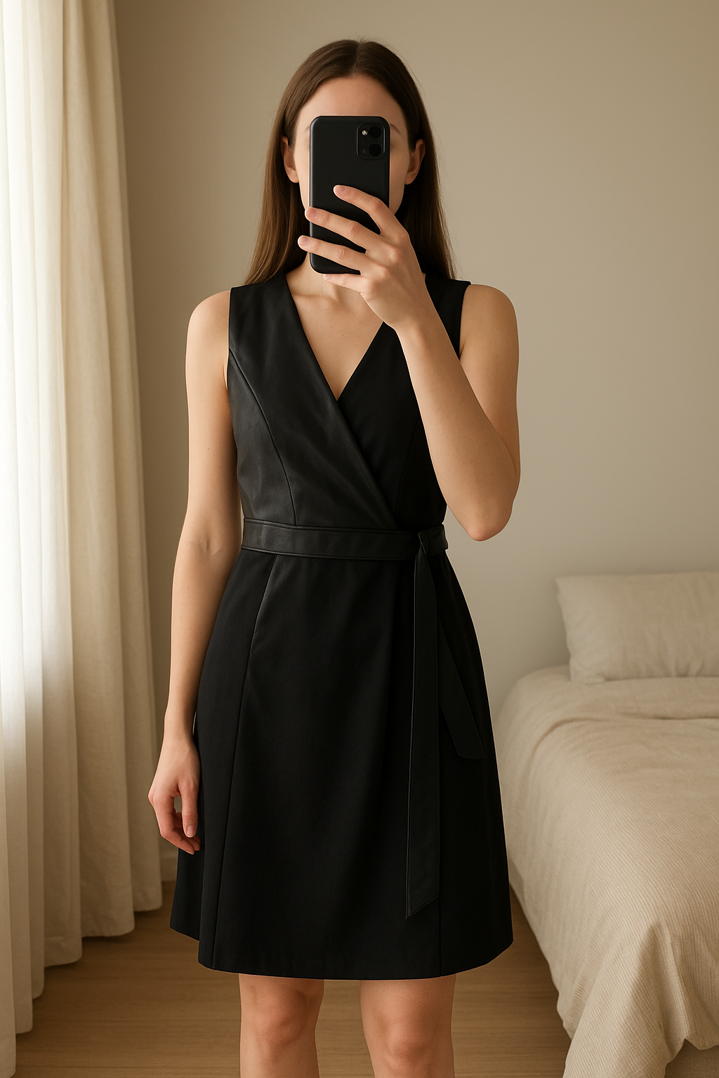 Robe cuir Diane Von Furstenberg taille 8 US debout, face à la caméra, dans une chambre à la lumière douce, avec une lumière naturelle filtrant par la fenêtre.