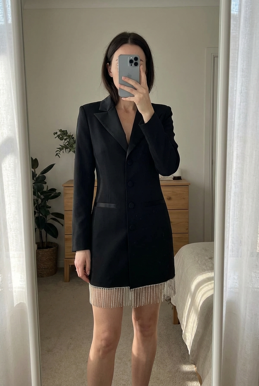 Une personne en Robe blazer noir avec franges strass - femme - S - Yas🎀 debout, face à la caméra, dans une chambre à la lumière douce, avec une lumière naturelle filtrant par la fenêtre.
