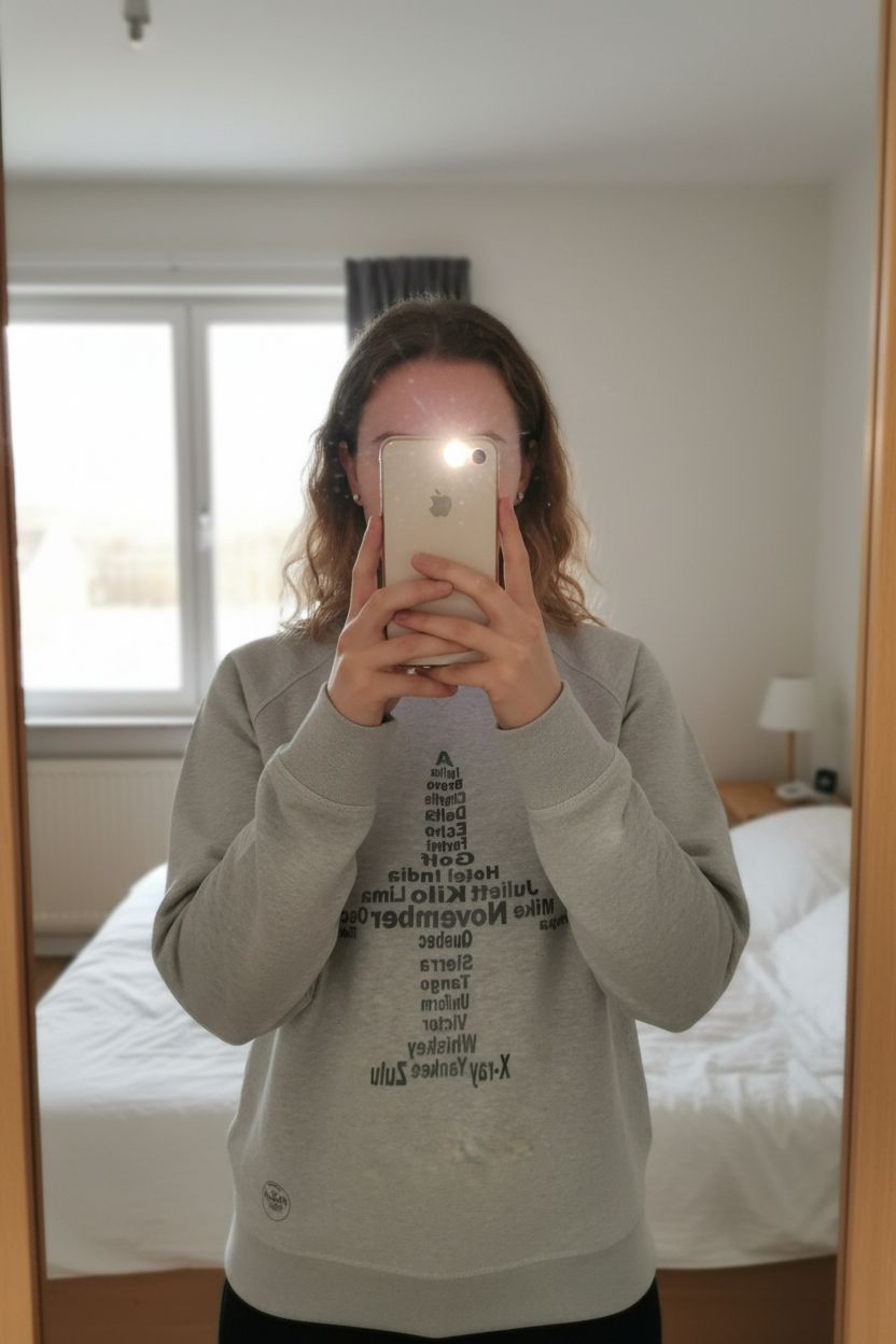 Sweat debout, face à la caméra, dans une chambre à la lumière douce, avec une lumière naturelle filtrant par la fenêtre.