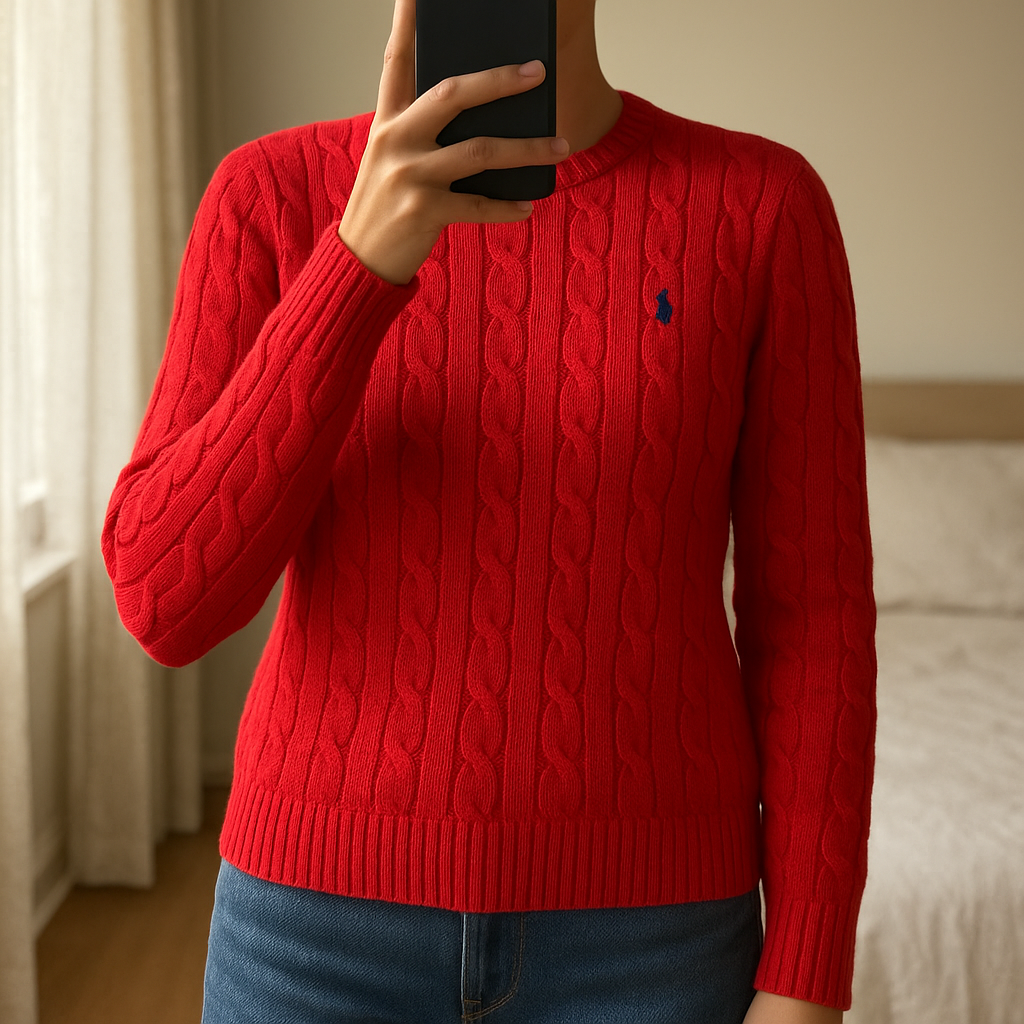 Pull Polo Ralph Lauren – Câble Knit Rouge – Taille XS (Authentique) debout, face à la caméra, dans une chambre à la lumière douce, avec une lumière naturelle filtrant par la fenêtre.