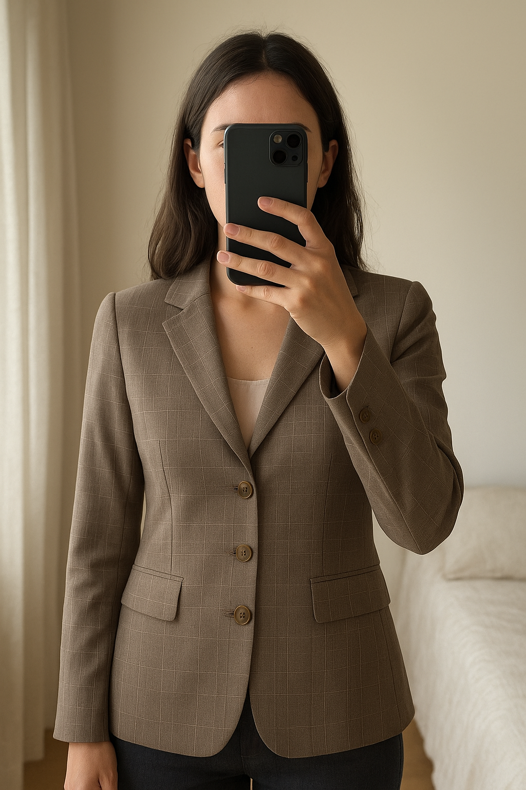 Beige Checked Trouser Suit Size 10 standing straight facing the camera, in a softly lit bedroom setting, with gentle natural light filtering through a window.