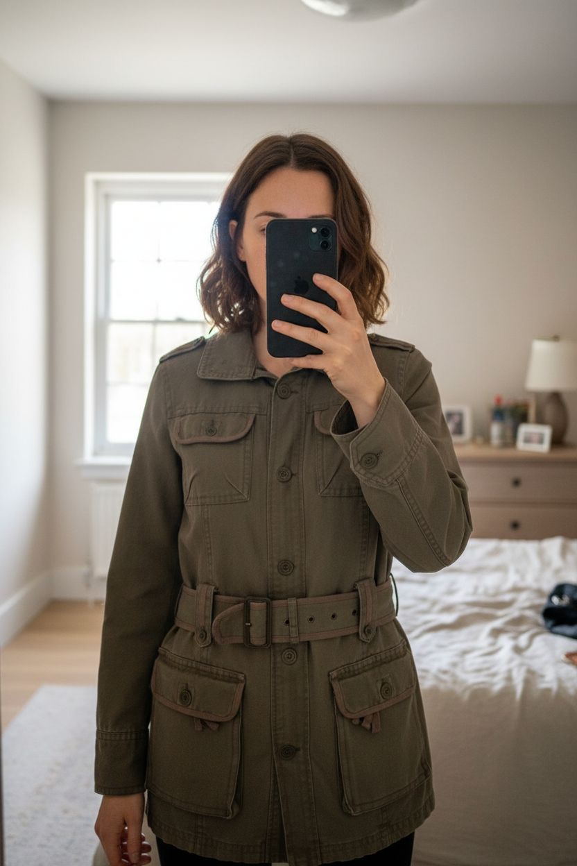 Veste longue légère 38/40 debout, face à la caméra, dans une chambre à la lumière douce, avec une lumière naturelle filtrant par la fenêtre.