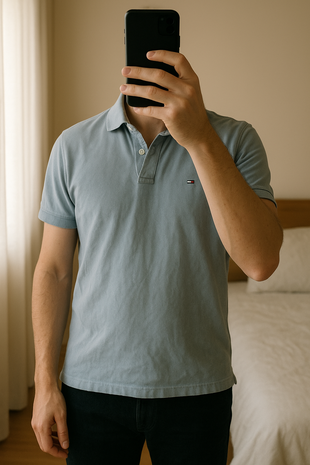 Polo tommy debout, face à la caméra, dans une chambre à la lumière douce, avec une lumière naturelle filtrant par la fenêtre.