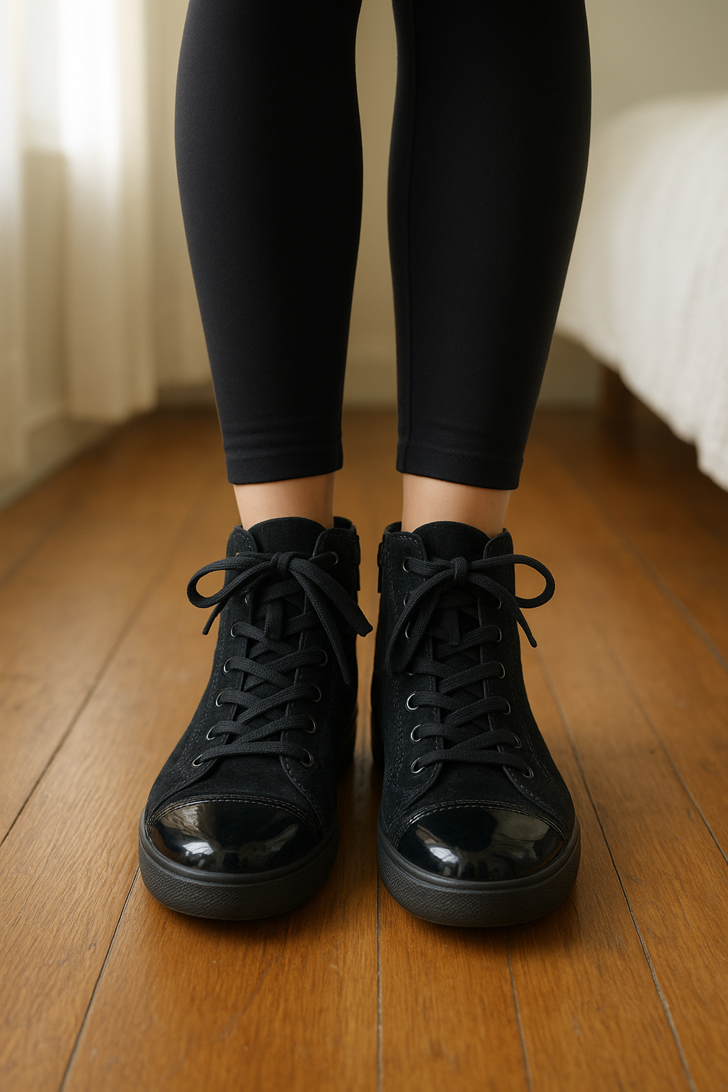 Chaussures Rieker neuves dépareillées (gauche 41 / droite 40) debout, face à la caméra, dans une chambre à la lumière douce, avec une lumière naturelle filtrant par la fenêtre.