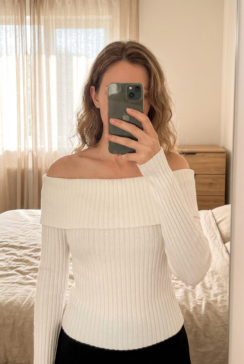 Top blanco hombros descubiertos canale talla S de pie, mirando a la cámara, en un dormitorio con luz suave y natural filtrándose por la ventana.