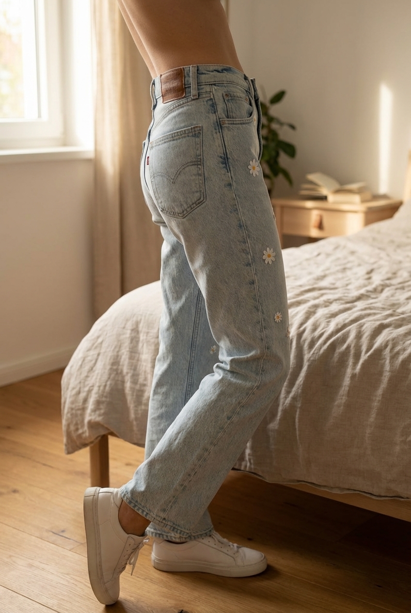 Une personne en Jean Levi's 545 taille W24 cambrant légèrement le dos pour une pose dynamique, avec une silhouette fine, dans une chambre à la lumière douce, avec une lumière naturelle filtrant par la fenêtre.