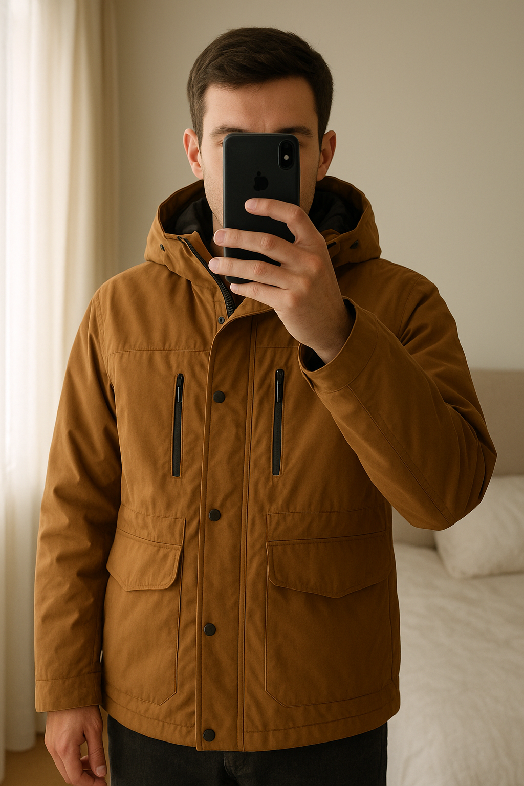 Veste Parka imperméable Bermudes Taille M debout, face à la caméra, dans une chambre à la lumière douce, avec une lumière naturelle filtrant par la fenêtre.